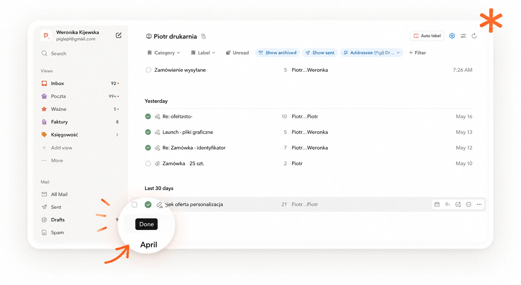 Notion Mail ze statusami